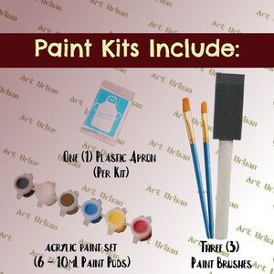 May include: Paint kit includes one plastic apron, six 10 ml paint pods, and three paint brushes. The paint pods are in various colors, including brown, white, gray, blue, yellow, and pink.