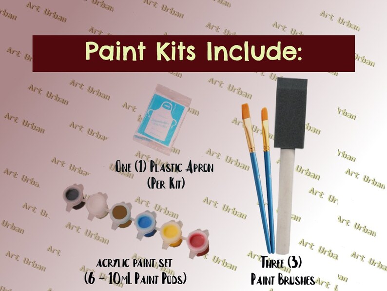 May include: Paint kit includes one plastic apron, six 10 ml paint pods, and three paint brushes. The paint pods are in various colors, including brown, white, gray, blue, yellow, and pink.