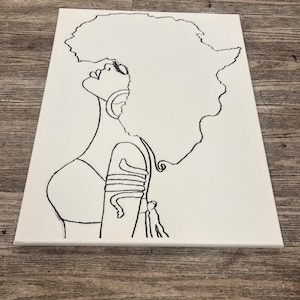 K&ouml;nnte beinhalten: Linienzeichnung einer Frau mit Afrofrisur, die eine Halskette und ein Armband tr&auml;gt. Die Zeichnung ist in Schwarzwei&szlig; auf einer wei&szlig;en Leinwand.