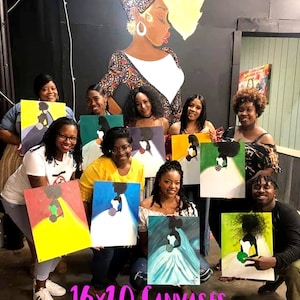 May include: A group of people paint on 16x20 canvases. The canvases feature black silhouettes of women with colorful backgrounds. The canvases are held by the people in the photo. The text "16x20 Canvases" is at the bottom of the image.
