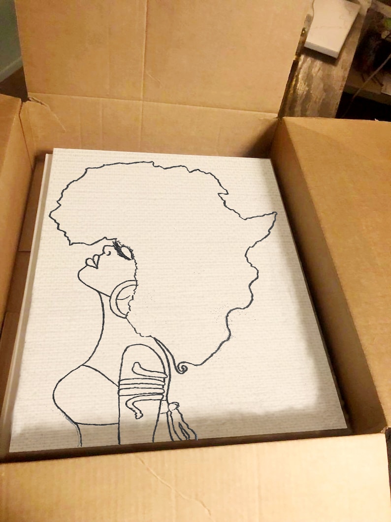 K&ouml;nnte beinhalten: Eine Schwarz-Wei&szlig;-Zeichnung einer Frau mit Afro-Frisur. Die Frau tr&auml;gt ein schlichtes Oberteil und hat ein detailliertes Design auf ihrem Arm. Die Zeichnung befindet sich auf einer wei&szlig;en Leinwand.