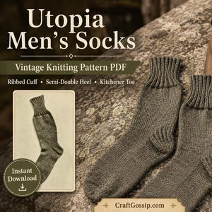 May include: A pair of dark olive green knitted socks with ribbed cuffs, a semi-double heel, and a Kitchener toe. The image includes text reading Utopia Men's Socks, Vintage Knitting Pattern PDF, Ribbed Cuff, Semi-Double Heel, Kitchener Toe, Instant Download, and CraftGossip.com.