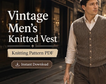 Modello PDF per gilet da uomo vintage lavorato a maglia, modello per gilet con bottoni sul davanti