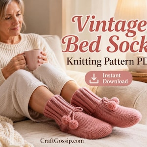 May include: A digital knitting pattern PDF for vintage bed socks, featuring text that reads Vintage Bed Socks Knitting Pattern PDF and Instant Download. The image displays a pair of dusty rose knitted socks with ribbed cuffs and pom-poms.