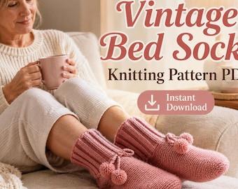 Vintage Bed Socks Knitting Pattern PDF, Pink Slipper Socks Pattern, Cozy Hand Knit Gift Socks, Garter Stitch Bed Socks Digital Download