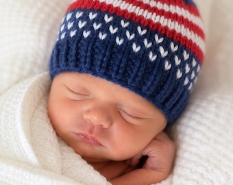 Little American Preemie Beanie Hat Knitting Pattern PDF, 4th of July Baby Hat Pattern, Premature Baby Knit Hat, Red White Blue Newborn Hat