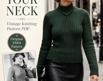Vintage Polo Neck Jumper Knitting Pattern PDF, Wartime 1940s Sweater Pattern, Ribbed Front Sweater, Women’s Jumper Digital Download