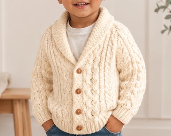 Vintage Boys Aran Cardigan Knitting Pattern PDF, Childrens Cable Knit Jacket Pattern, Boys Shawl Collar Cardigan