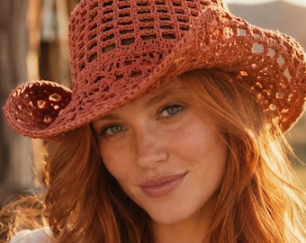 The Willow Rose Cowgirl Hat Crochet Pattern PDF, Crochet Cowboy Hat Pattern, Western Sun Hat, Crochet Cowgirl Hat, 8 Ply Summer Hat Pattern
