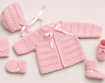 Vintage Knitted Baby Set Pattern PDF, Baby Cardigan Bonnet Booties and Mittens, 6–12 Month Baby Knitting Pattern, Baby Set 3119
