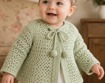 Vintage Baby Sacque Crochet Pattern PDF, Heirloom Cardigan, Light Sage Jacket (Digital Download)