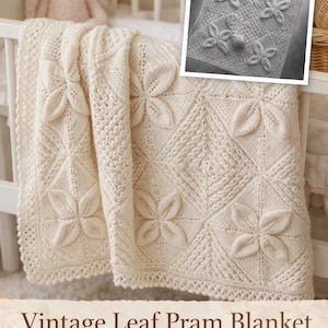Patrón de tejido para manta de bebé con diseño de hojas vintage para cochecito.