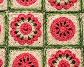 Watermelon Granny Square Crochet Pattern PDF, Summer Fruit Afghan Throw