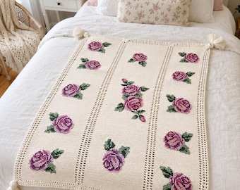Vintage Rose Afghan Crochet Pattern PDF, Heirloom Blanket, Cottage Style Throw