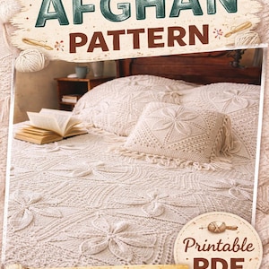 May include: A cream-colored afghan pattern, featuring a floral design, is displayed on a bed with matching pillows. The image includes the text "Vintage Knit AFGHAN PATTERN" and "Instant Download! PDF". The pattern is available as a printable PDF.