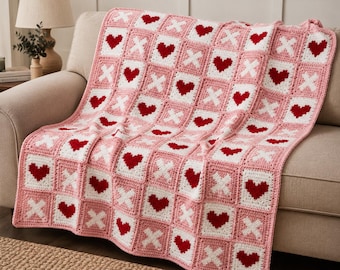 Crochet Blanket Pattern PDF, Hearts and X's Granny Square, Valentine Lap Afghan (36x30 inches)