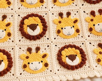 ZooTwo Baby Blanket Crochet Pattern PDF, Safari Animal Granny Square Afghan (Digital Download)