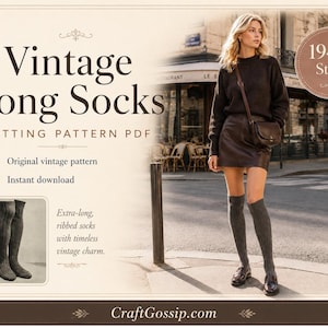 Puede incluir: Un patrón de tejido digital en PDF para calcetines largos vintage. La imagen incluye el texto Vintage Long Socks, Knitting Pattern PDF, 1940s Style y CraftGossip.com, junto a una foto de calcetines altos acanalados gris oscuro.