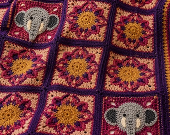 Diwali Nights Crochet Baby Blanket Pattern PDF, Elephant Lotus Squares (Digital Download)