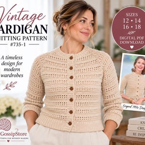 May include: A beige knit cardigan with a round neckline and brown buttons. The text reads: Vintage CARDIGAN KNITTING PATTERN #735-1, A timeless design for modern wardrobes, SIZES 12 14 16 18, DIGITAL PDF DOWNLOAD, Original 1950s Design, CraftGossipStore.