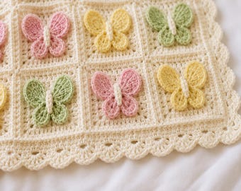 3D Butterfly Baby Blanket, Pastel Granny Square Blanket Crochet Pattern