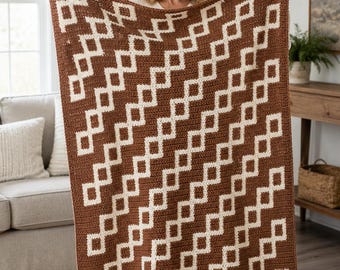 Vintage Pennant Afghan Crochet Pattern, Geometric Brown White Throw (PDF Download)