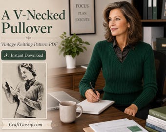 Vintage V-Neck Pullover Knitting Pattern PDF, 1940s Women’s Sweater Pattern, Emerald Office Sweater, Instant Download