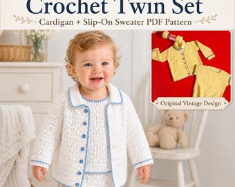 Vintage Baby Crochet Twin Set Pattern – Cardigan and Slip-On Sweater