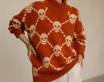Vintage Halloween Skull Sweater Knitting Pattern PDF – Sailor Beware Pullover – Retro Colourwork Jumper