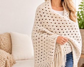 Harmony Shawl Knitting Pattern, Vintage Inspired Wrap, Fringe Shawl, Women’s Knit (PDF Download)