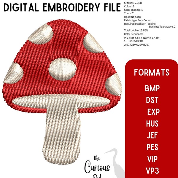 Mushroom Simple, Digital Embroidery File, nature, amanita muscaria, shrooms, bmp, dst, exp, hus, jef, pes, vip, vp3, xxx