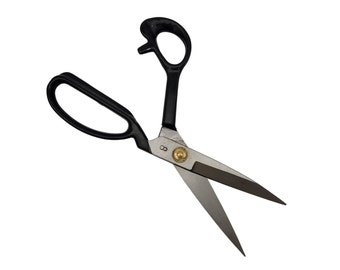 May include: Black handled shears with a silver blade. The shears have a brass rivet and a number "8" on the blade.