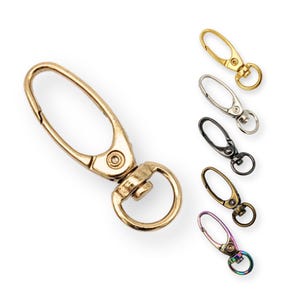 May include: A set of ten gold-tone swivel lobster clasps with a trigger snap. The clasps are shown in various finishes, including silver, black, and rainbow.