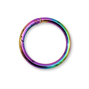 May include: A rainbow-colored metal ring with a spring-loaded clasp. The ring is about 2 inches in diameter.