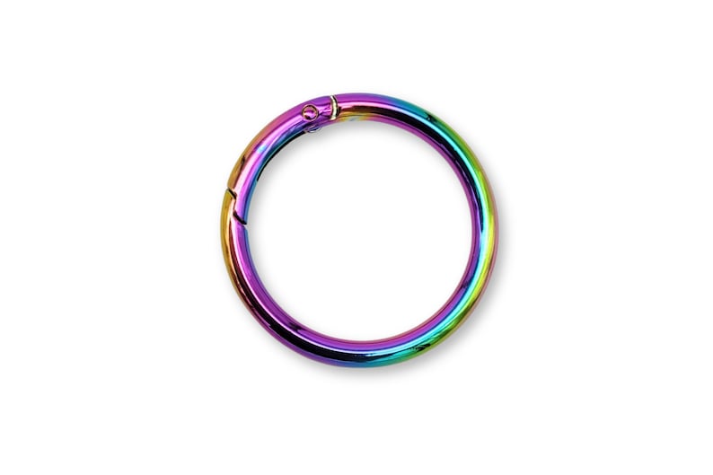 May include: A rainbow-colored metal ring with a spring-loaded clasp. The ring is about 2 inches in diameter.