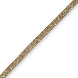 May include: Tan ribbon with a repeating pattern of white musical notes. The ribbon has a textured appearance, and the musical notes are evenly spaced across its surface. The ribbon is angled diagonally across a white background.