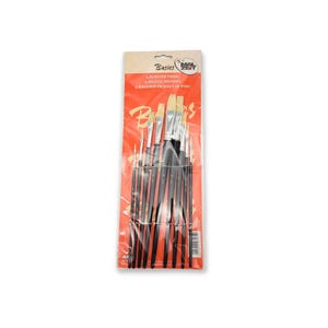 Könnte beinhalten: Ein Paket mit Pinseln mit schwarzen Griffen und naturbelassenen Borsten. Die Pinsel sind in einer transparenten Kunststoffhülle angeordnet, mit einem roten und beigen Kartonkopf mit der Aufschrift "Basics" und "Bristle Brushes".