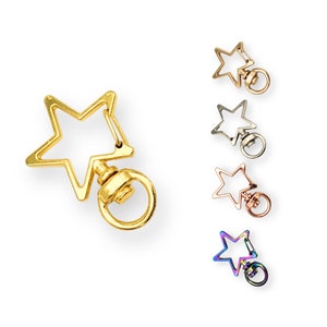 Op de afbeelding: Vijf stervormige sleutelhangers in verschillende kleuren: goud, zilver, rosé goud en regenboog. Elke sleutelhanger heeft een draaibare ring.