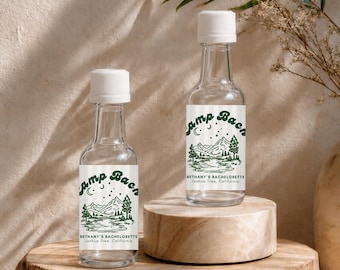 Camp Bachelorette Mini Alkohol Flaschenetiketten | Retro Campenbach Dekorationen | Letzte Spur vor dem Schleier Bachelorette Gefälligkeiten