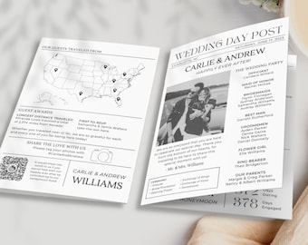Folded Newspaper Wedding Program Template | Wedding Program Template | Wedding Newspaper Printable | Modern Wedding Itinerary