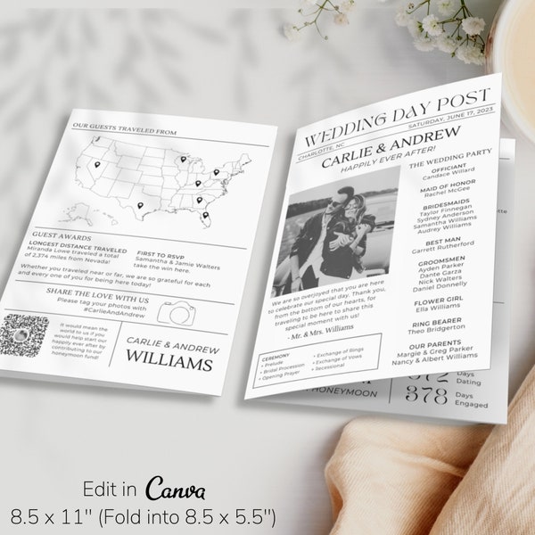 Folded Newspaper Wedding Program Template | Wedding Program Template | Wedding Newspaper Printable | Modern Wedding Itinerary