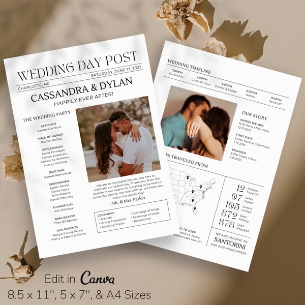 Newspaper Wedding Program Template | Wedding Program Template | Wedding Newspaper Printable | Wedding Timeline Template