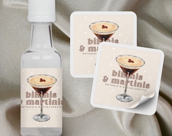 Bikinis and Martinis Mini Liquor Bottle Labels | Espresso Martini Bachelorette Favors | Espresso Martini Theme Bachelorette Decorations