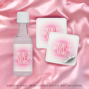 Cheers to 21 Years Birthday Shooter Labels | Lembrancinhas de aniversário de 21 anos | Etiquetas personalizadas de atirador de aniversário de 21 anos | Etiquetas para mini garrafas de bebidas
