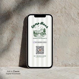 May include: A smartphone screen displaying a digital bachelorette party invitation with a green mountain and lake graphic, the text Camp Bach, Frankie's Bachelorette, Buy the Bride a Drink, a QR code, and a placeholder for a Venmo username.