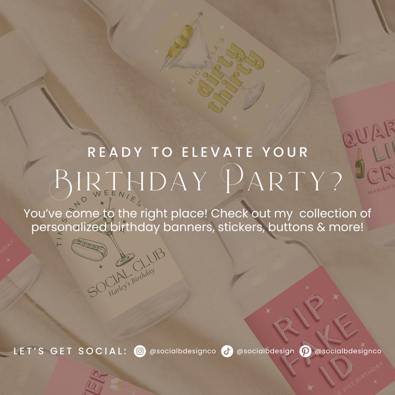 Ready to elevate your birthday party? Check out my collection of personalized birthday banners, birthday stickers, birthday buttons & more at Social B Design Co.!