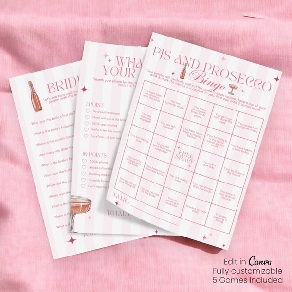 PJs and Prosecco Bachelorette Party Games | Pajamas and Prosecco Bachelorette Party | Sleepover Bachelorette | Printable Bachelorette Games