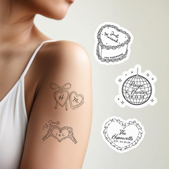 Whimsical Wedding Temporary Tattoos | Modern Wedding Flash Tattoos | Wedding Tattoo Station | Personalized Wedding Temporary Tattoos