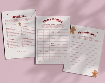 May include: Three sheets of paper with Christmas-themed games printed on them. The games include "Drink If...", "Merry & Bright", and "Friends-mas". The sheets are white with red accents and gingerbread man illustrations.