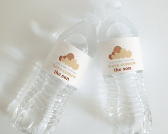 Here Comes the Son Water Bottle Labels | Boy Baby Shower Favors | Here Comes the Son Baby Shower Decorations (8"x1.9")